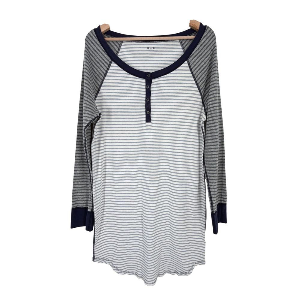 threedots‎ Women's Striped Long Sleeve Henley Nightgown Sleep Shirt L